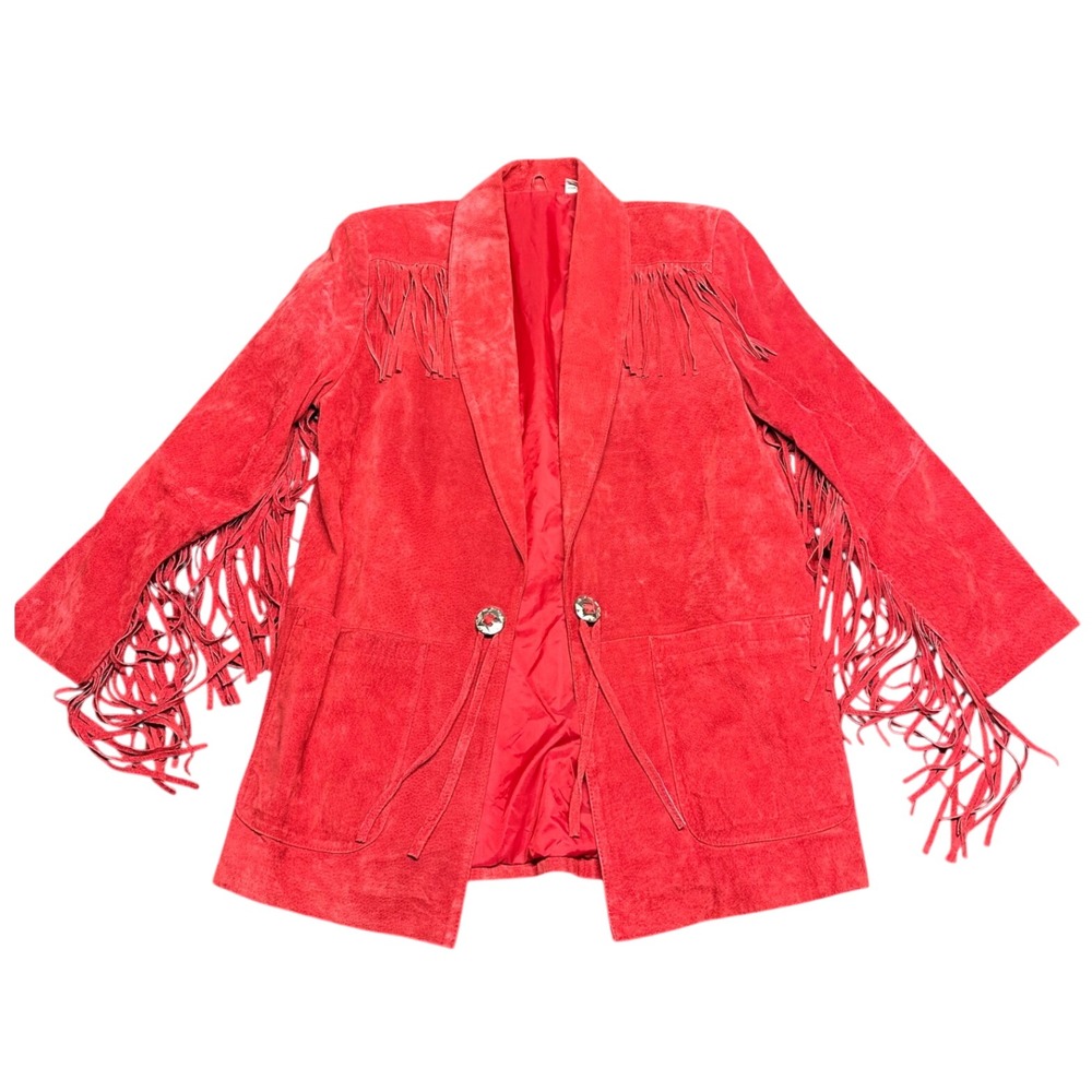 Vintage red leather jacket fringe med western cowgirl rodeo festival boho dolly
